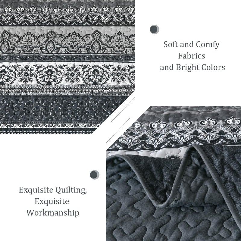 WONGS BEDDING Boho King Quilt Set  Black Bohemian Quilt Bedding Set  Lightweight Bed Decor Bedspread for All Season Reversible Microfiber Coverlet Bedding Set 110""x90""(3 Pieces) - Image 4